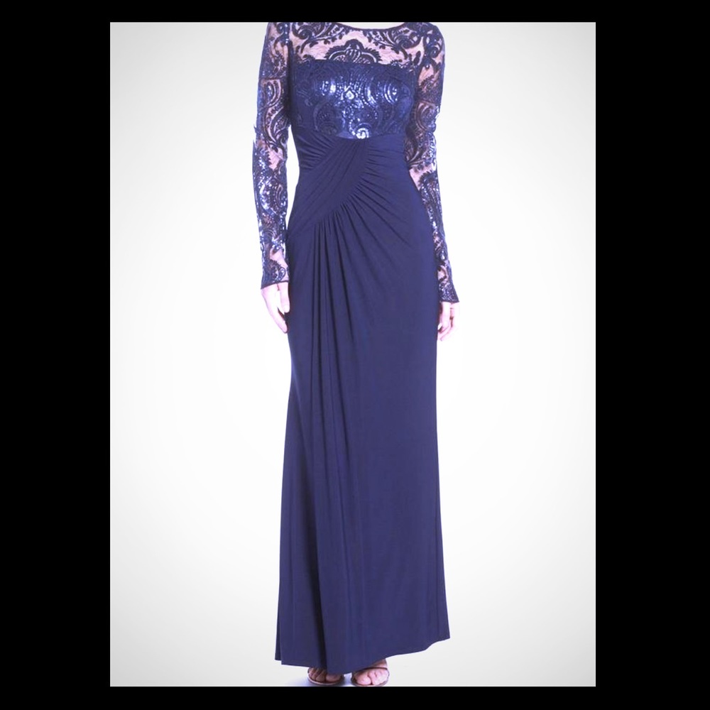 Eliza J navy blue draped long sleeve sequin gown